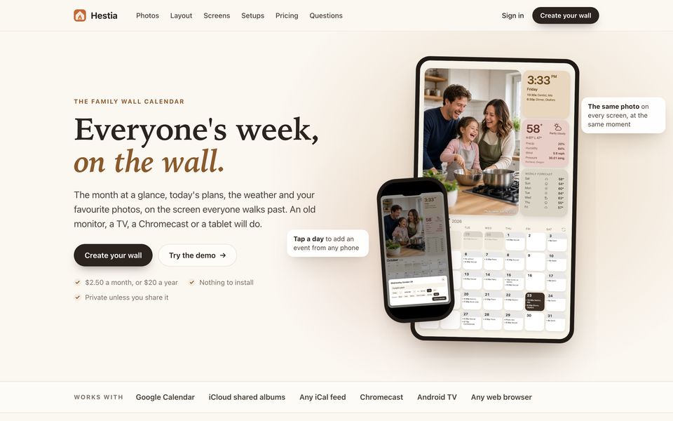 Hestia's homepage: everyone's week, on the wall