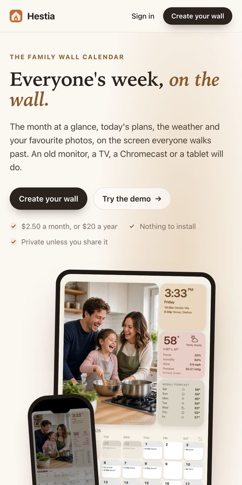Hestia's homepage on a phone