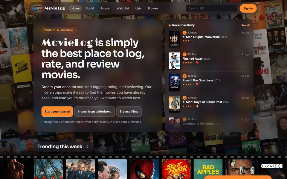 MovieLog's homepage with recent activity and movie strips