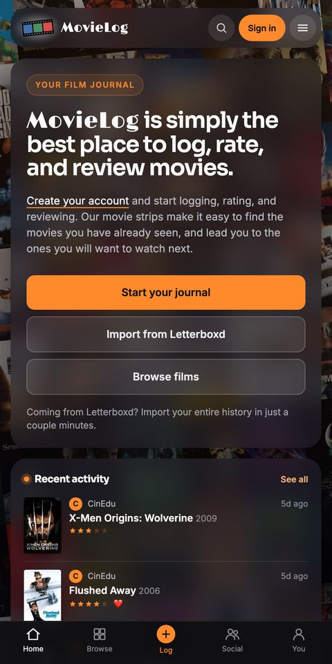 MovieLog's homepage on a phone